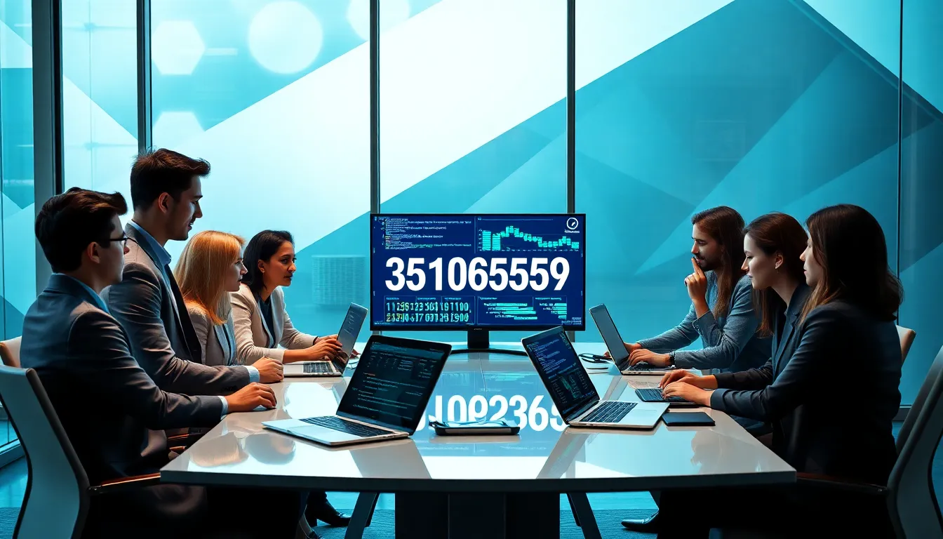 diverse team discussing data in a modern office.