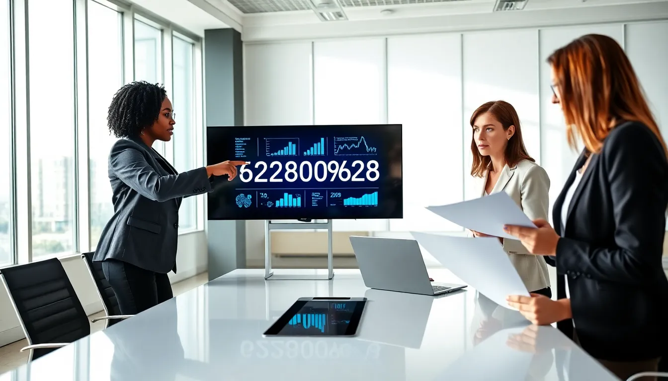 team discussing the significance of a specific number in a modern office.